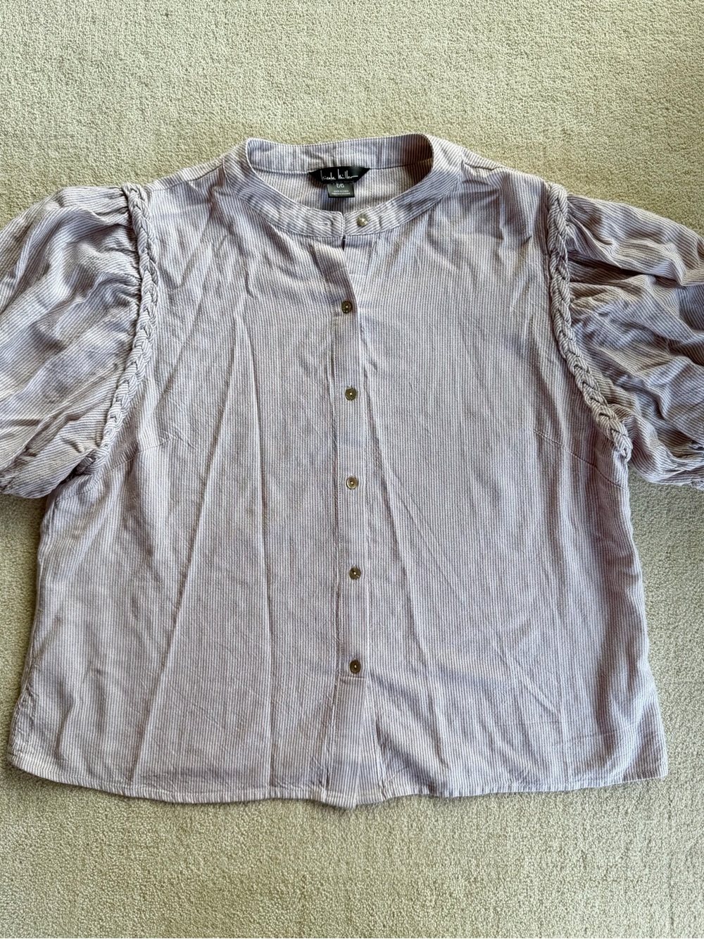 Nicole Miller Khaki Striped Button-Front Puff Sleeve Blouse